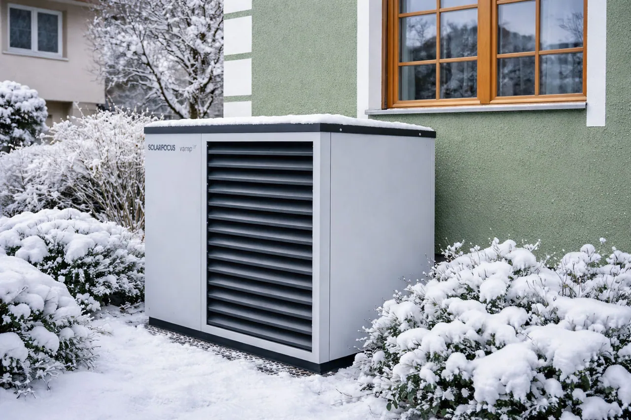 Solarfuchs Wärmepumppe vor einen Haus &middot; Elektro Busch 